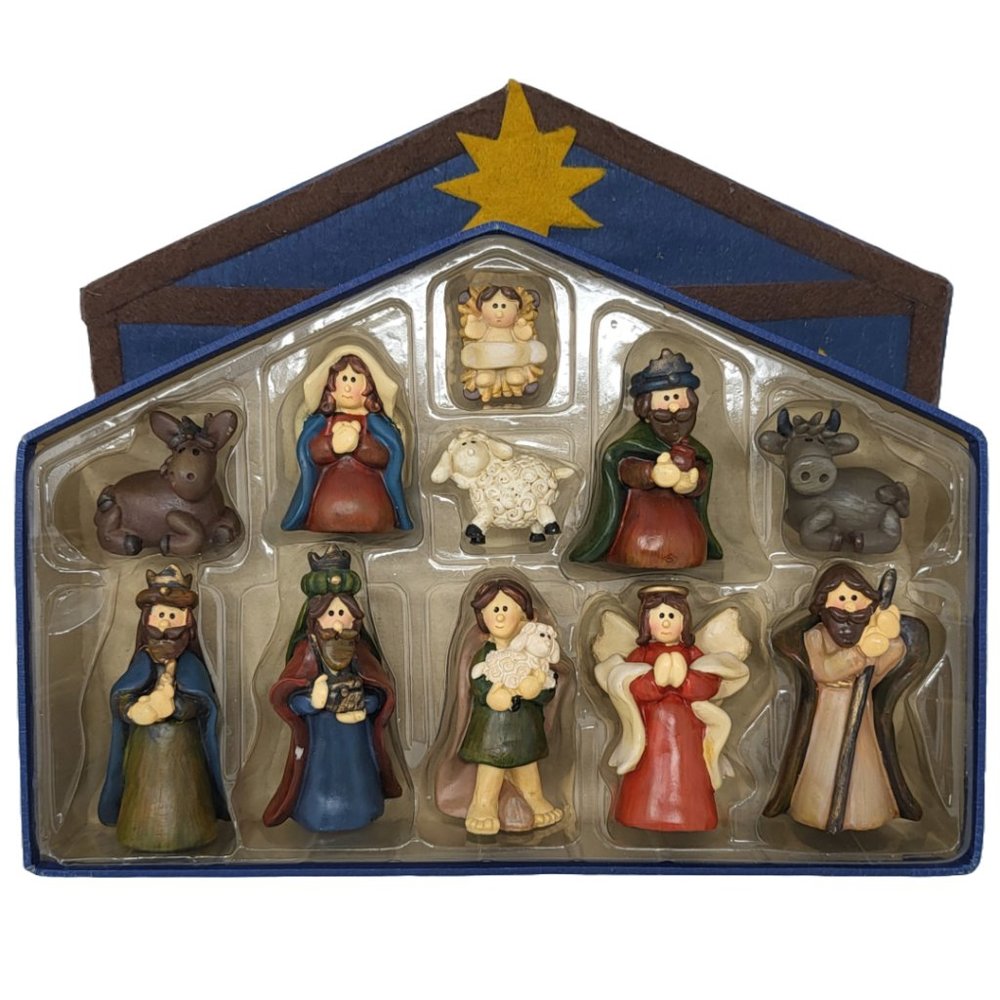 Vintage Christmas Nativity Scene 11 pieces Resin Figurines w‎ Felt Applique Box